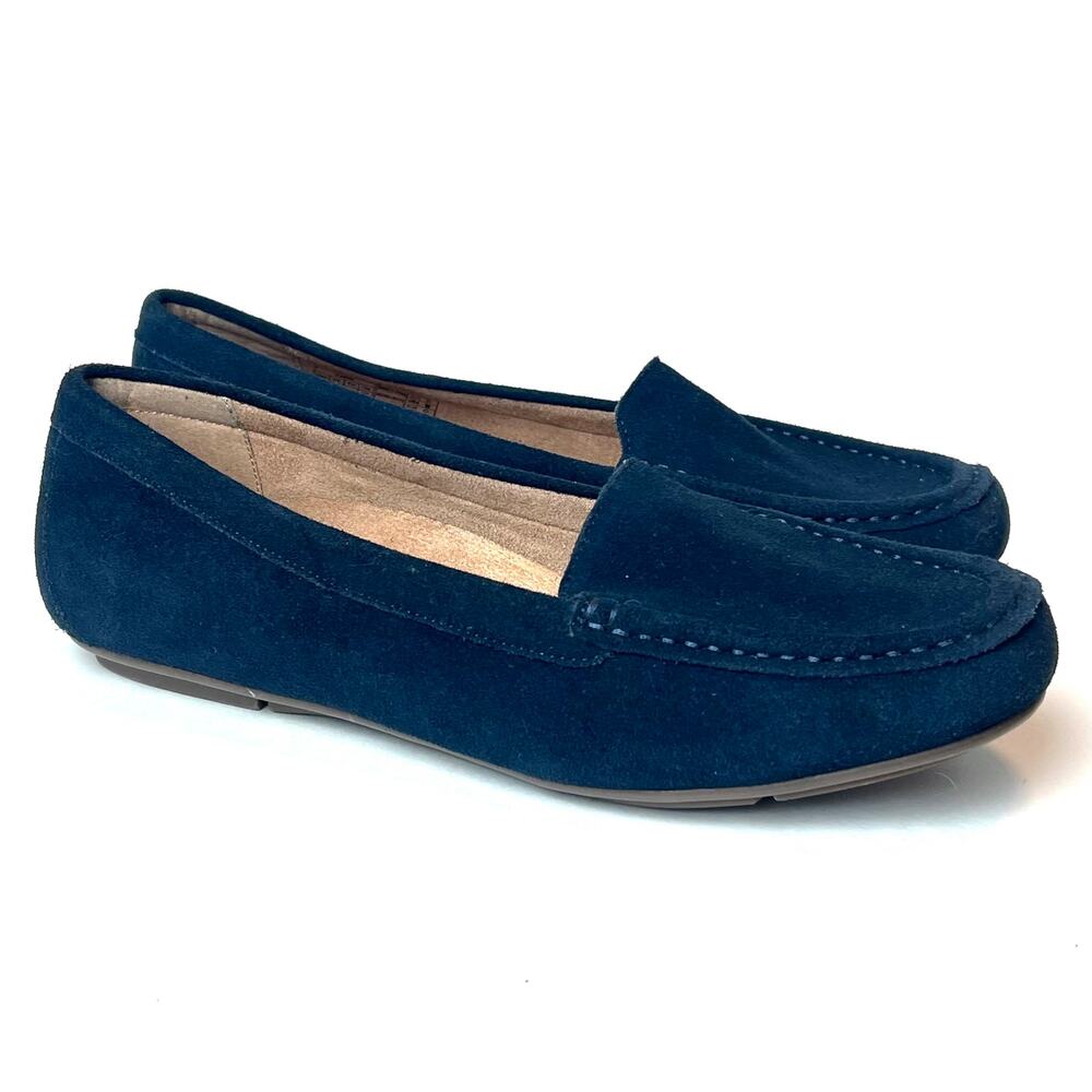 Vionic Debbie Navy Blue Suede Moccasin Loafers Size 10 Comfort Shoes